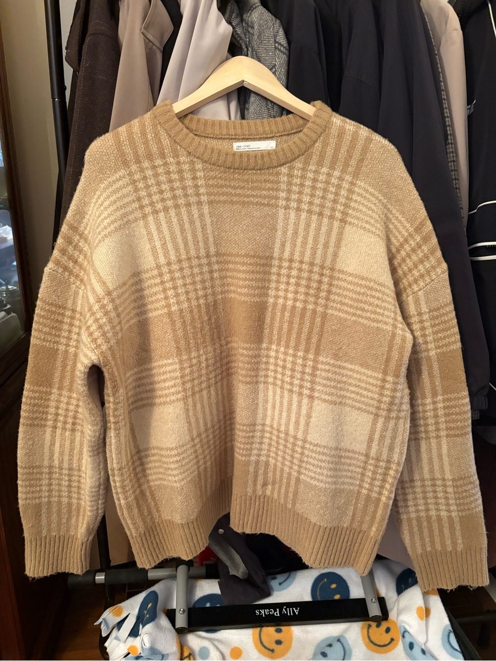 OAK + FORT Camel and Cream Plaid Crewneck Sweater Oversized
